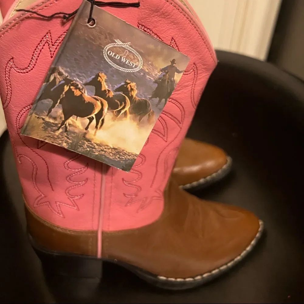 OLD WEST Girl's J Toe Tan Canyon/Pink Western Boot (8139) Sz 13.5